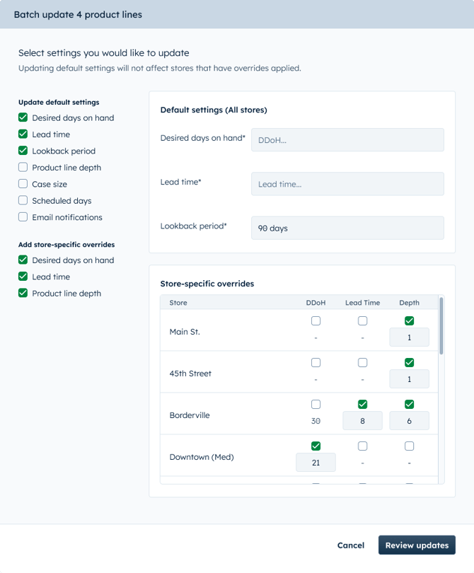 Product line batch update - settings selected